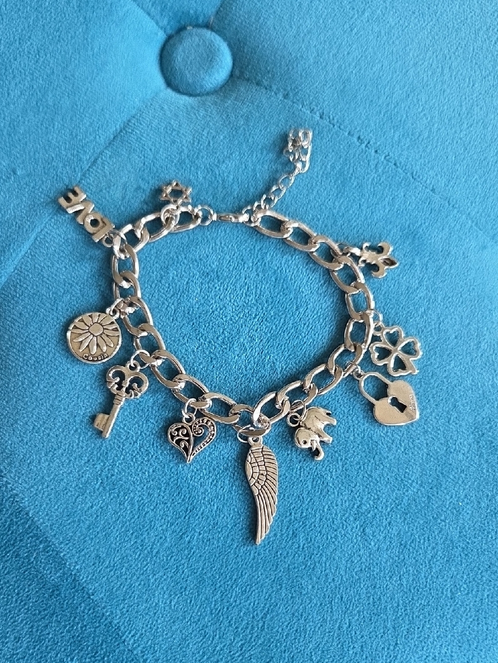Silver Charm Bracelet with Heart, Key & Wing Charms - Women's Jewelry